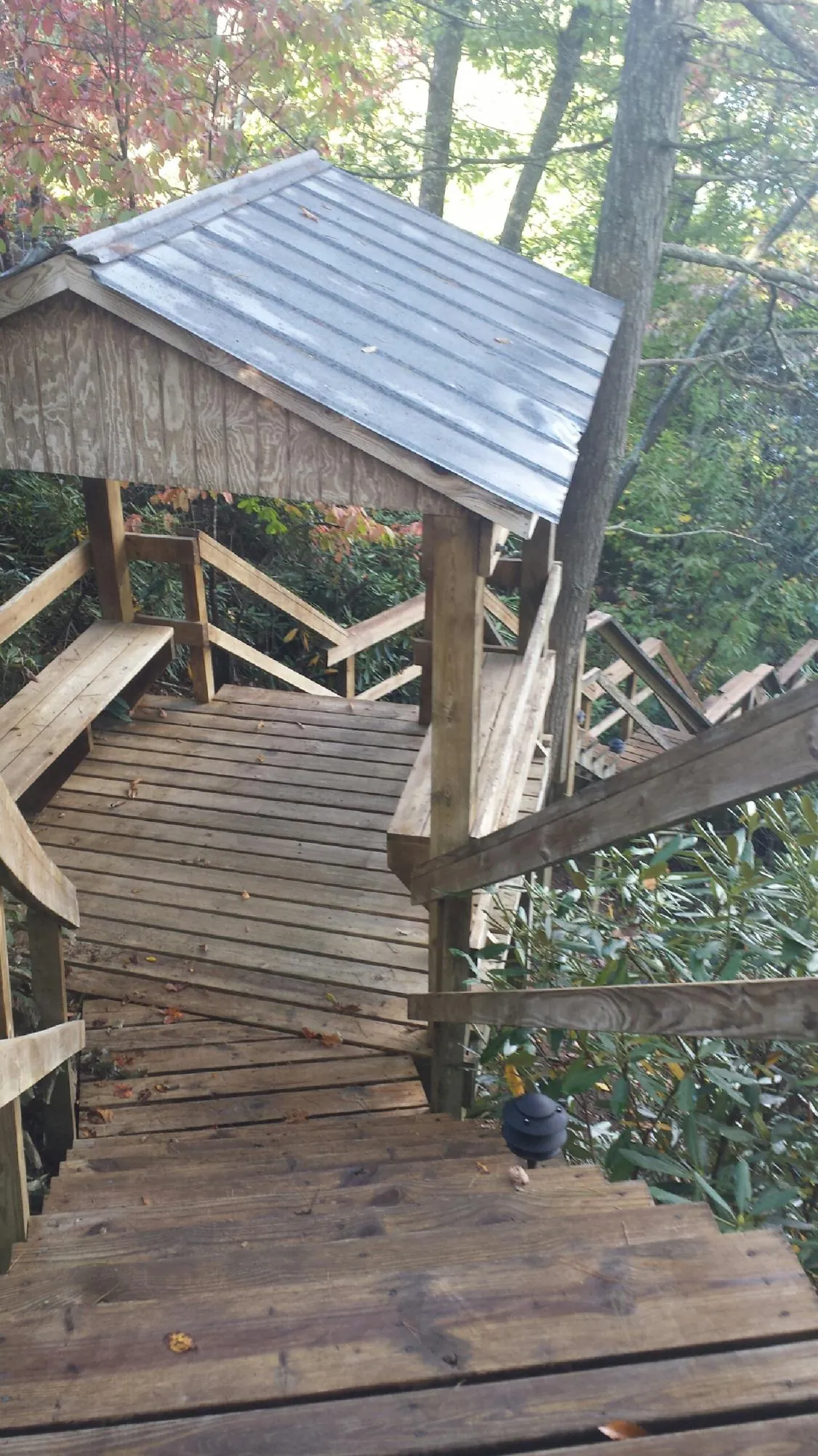 Metal roofed shelter over wooden steps on a wooded walkway — Skylight Repair & Installation work by our crew in Riggins
